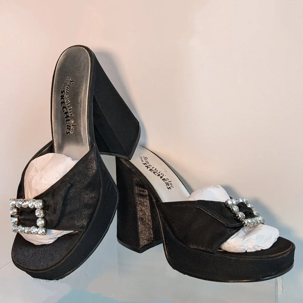 Vintage Chunky Heel Shimmer Black Platform Skechers Rhinestone Buckle Heels - Picture 3 of 16